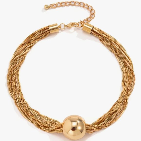 Gold Twisted Multi Chain Exaggerated Sphere Ball Statement Choker Necklace NEW - Picture 6 of 9
